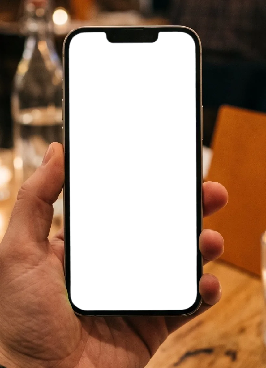 A guest's hand holding a phone at a restaurant table, with the menu open on the screen