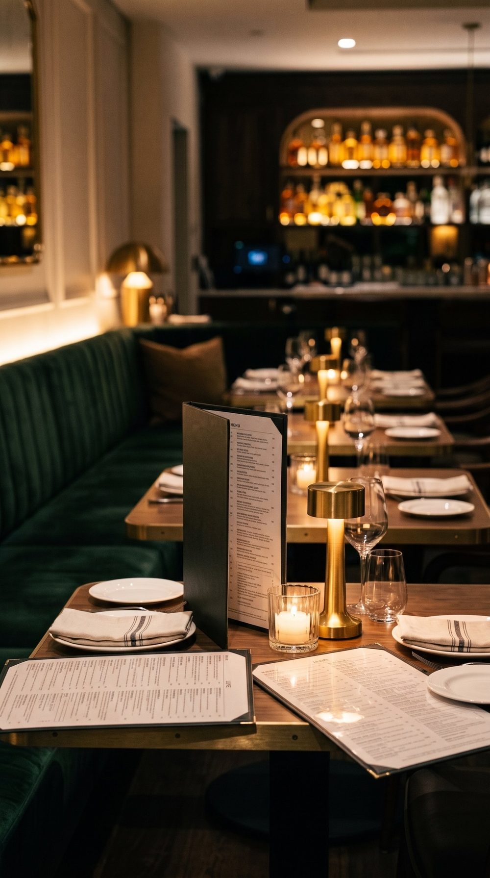 A restaurant table at night crowded with large printed menus lying across the place settings
