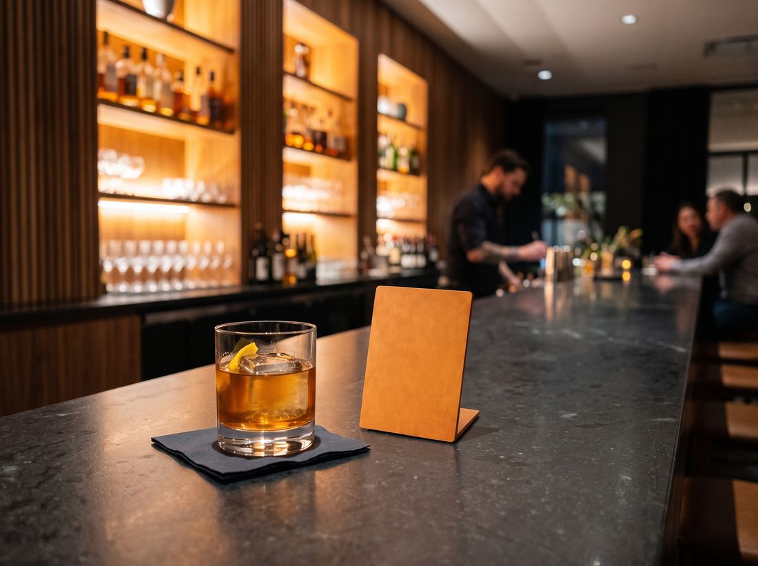 A small blank menu stand beside a cocktail on a stone bar top, with a bartender in the background