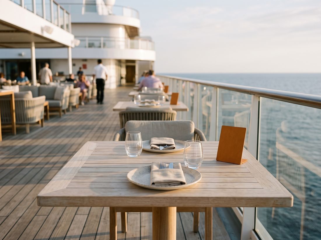 A table on the deck of a ship at sea, set for two, with a small blank menu stand on it