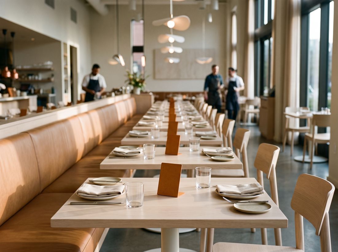 A long row of restaurant tables before service, each with the same small menu stand