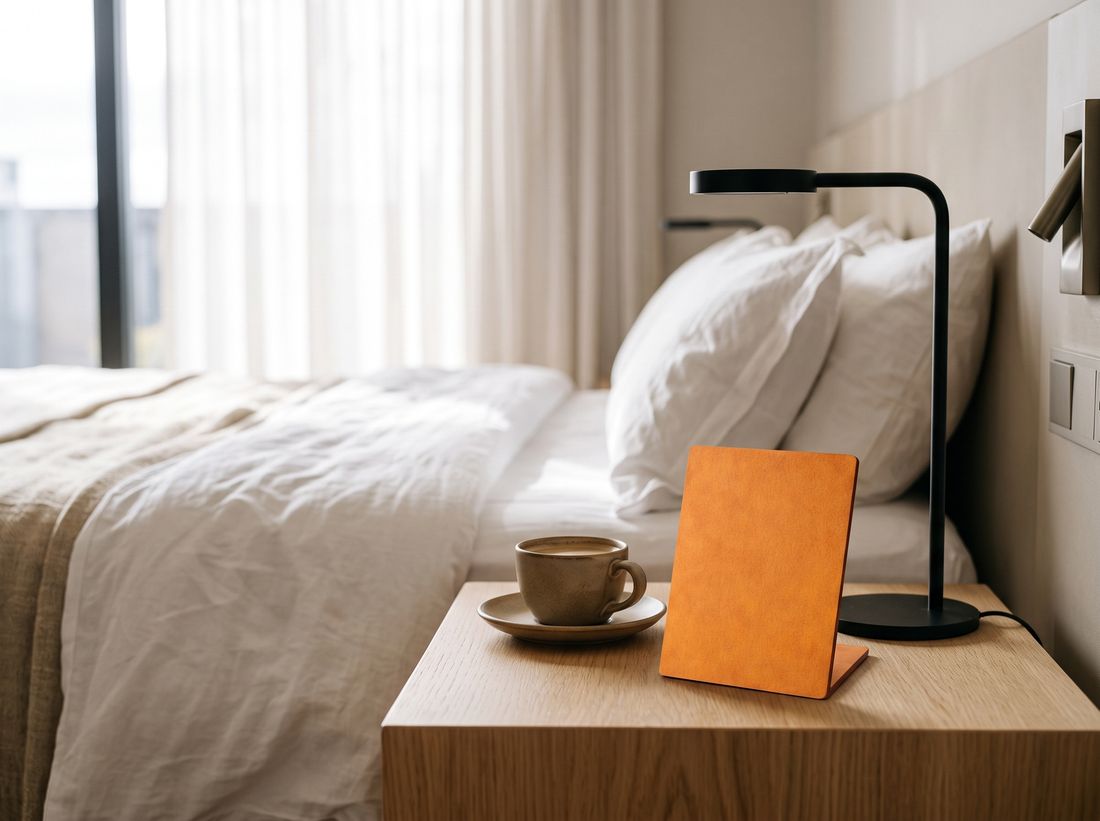 A small blank menu stand beside a cup of coffee on a hotel bedside table