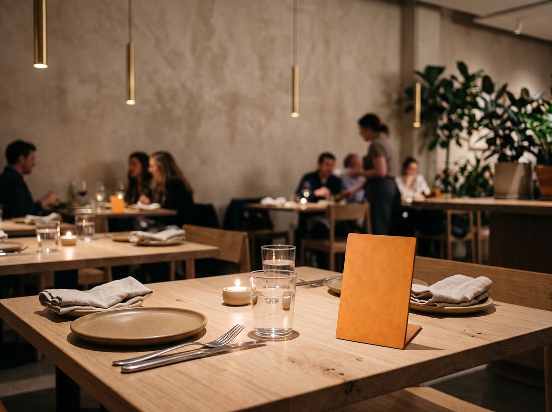 A table set for two in a modern restaurant, with a small blank menu stand on it and diners in the background