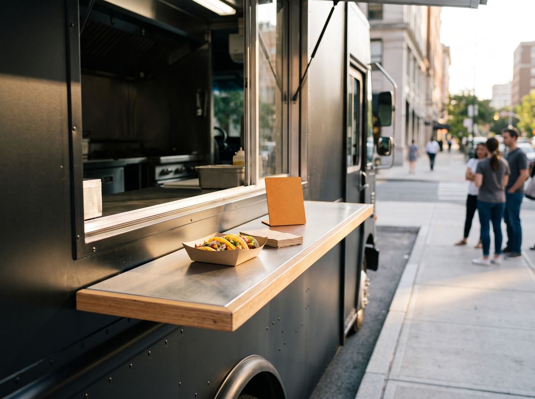 A small blank menu stand on the serving ledge of a food truck, next to a tray of tacos
